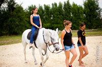 Фото девушки верхом на белой лошади и 2-х идущих девушек рядом