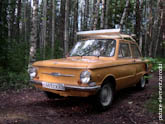 Фото автомобиля Запорожец оранжевого цвета в лесу на Соловках