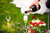 Свадебный фото натюрморт на траве с лепестками роз, в бокалы наливается шампанское